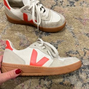 Veja Women's V-10 Sneakers, White/Orange Fluo/Natural, Size 37